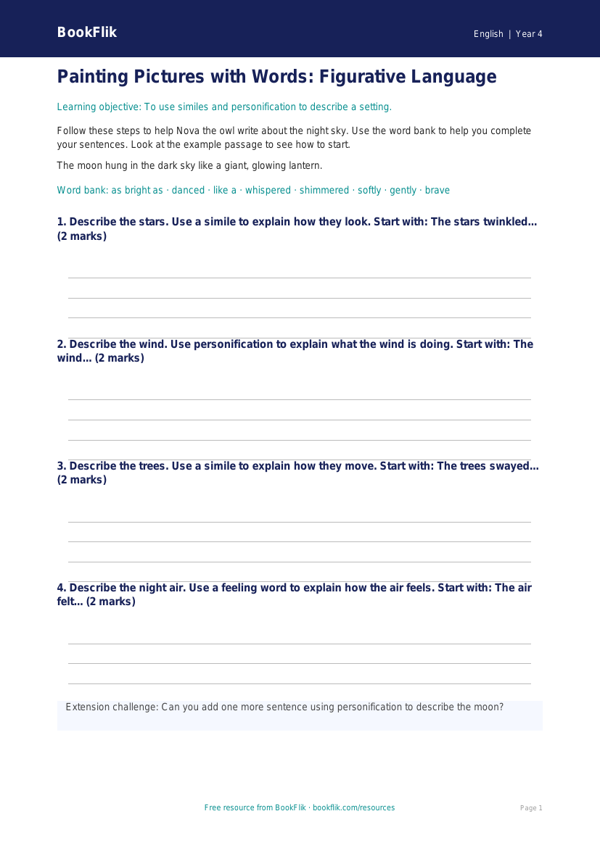 Free Figurative Language Writing Frame | Year 4 Supported | BookFlik worksheet preview — English Figurative Language
