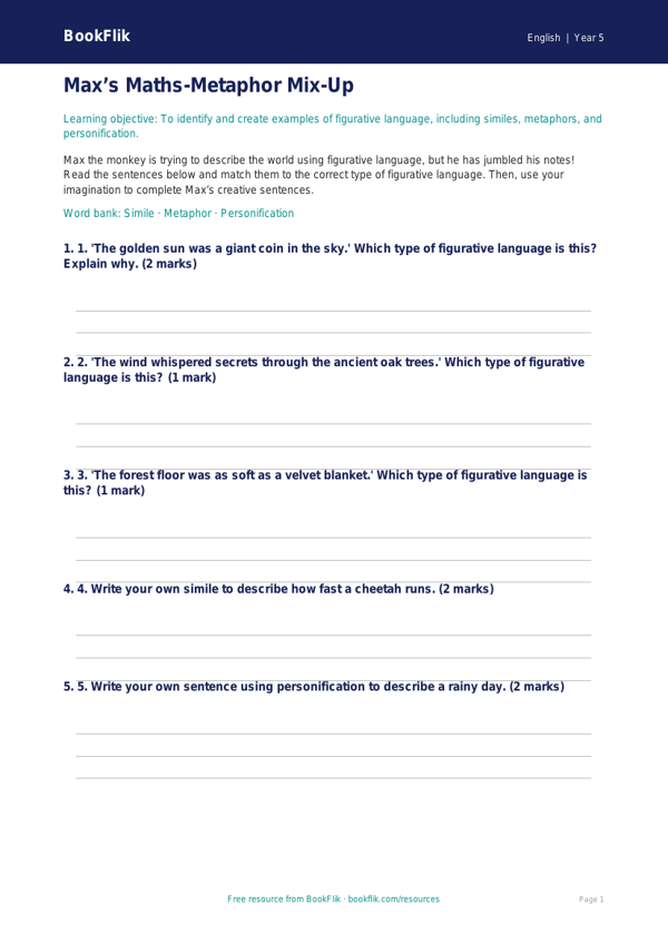 Free Figurative Language Activity Sheet | Year 5 Core | BookFlik worksheet preview — English Figurative Language
