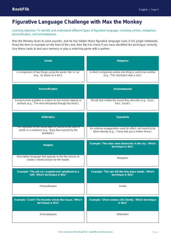 Free Figurative Language Flashcards | Year 5 Core | BookFlik worksheet preview — English Figurative Language
