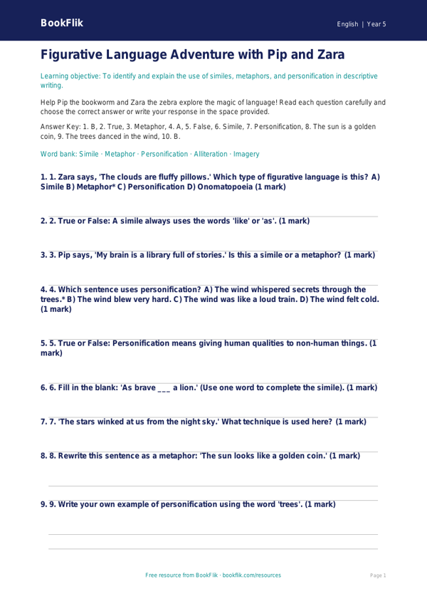 Free Figurative Language Quiz | Year 5 Core | BookFlik worksheet preview — English Figurative Language