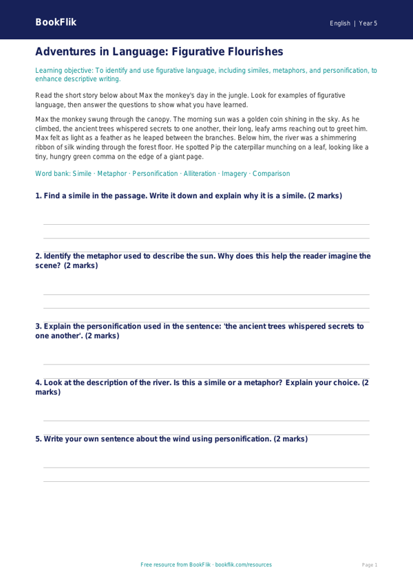 Free Figurative Language Track Sheet | Year 5 Core | BookFlik worksheet preview — English Figurative Language