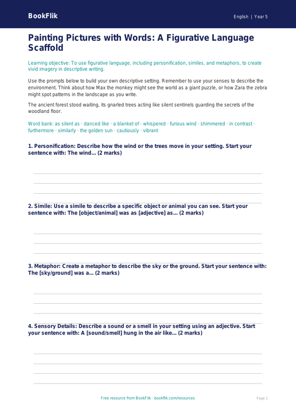 Free Figurative Language Writing Frame | Year 5 Core | BookFlik worksheet preview — English Figurative Language