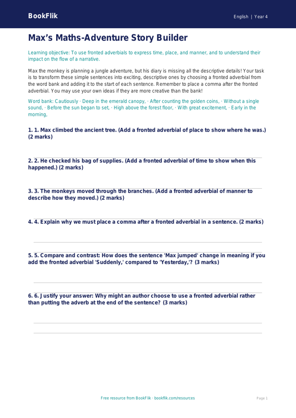 Free Fronted Adverbials Activity Sheet | Year 4 Greater Depth | BookFlik worksheet preview — English Fronted Adverbials