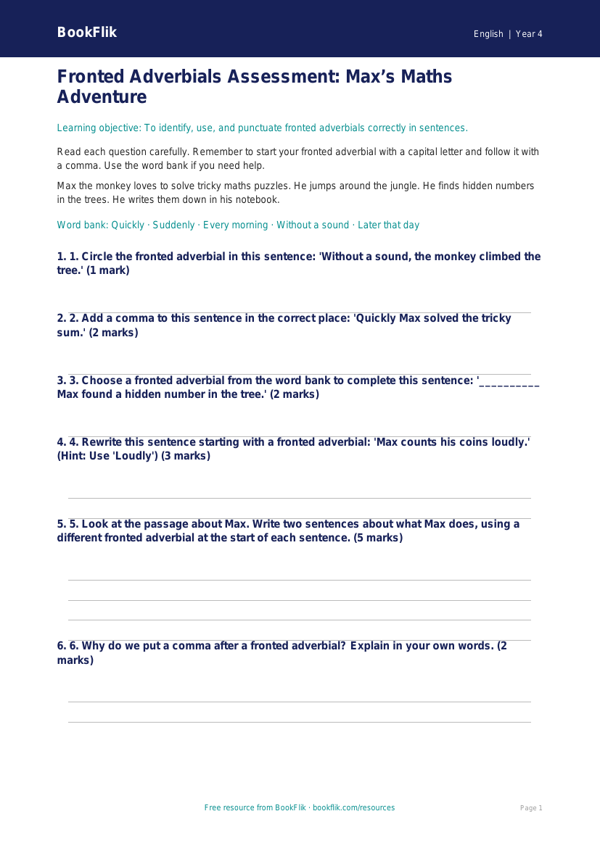 Free Fronted Adverbials Assessment | Year 4 Supported | BookFlik worksheet preview — English Fronted Adverbials