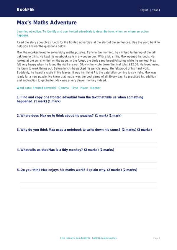 Free Fronted Adverbials Comprehension | Year 4 Supported | BookFlik worksheet preview — English Fronted Adverbials