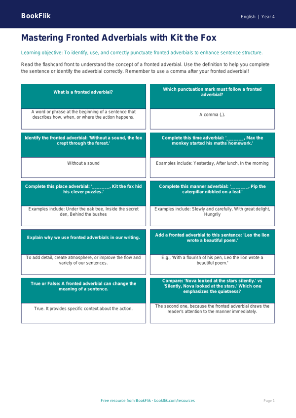 Free Fronted Adverbials Flashcards | Year 4 Greater Depth | BookFlik worksheet preview — English Fronted Adverbials