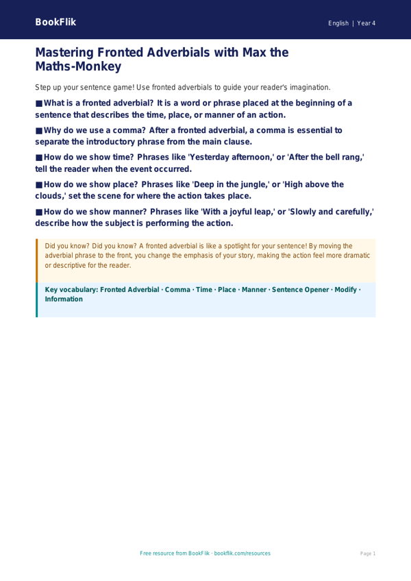 Free Fronted Adverbials Poster | Year 4 Greater Depth | BookFlik worksheet preview — English Fronted Adverbials