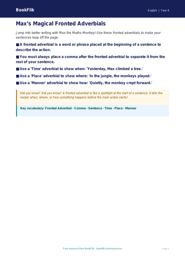 Free Fronted Adverbials Poster | Year 4 Supported | BookFlik worksheet preview — English Fronted Adverbials
