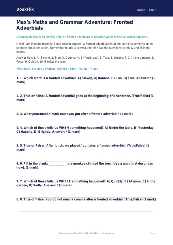 Free Fronted Adverbials Quiz | Year 4 Supported | BookFlik worksheet preview — English Fronted Adverbials