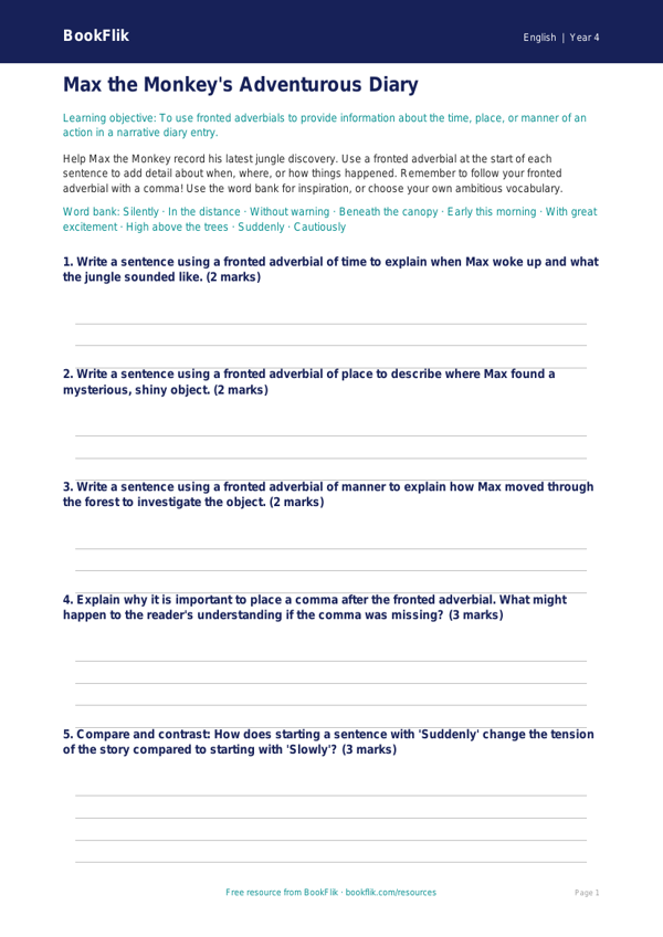 Free Fronted Adverbials Template | Year 4 Greater Depth | BookFlik worksheet preview — English Fronted Adverbials