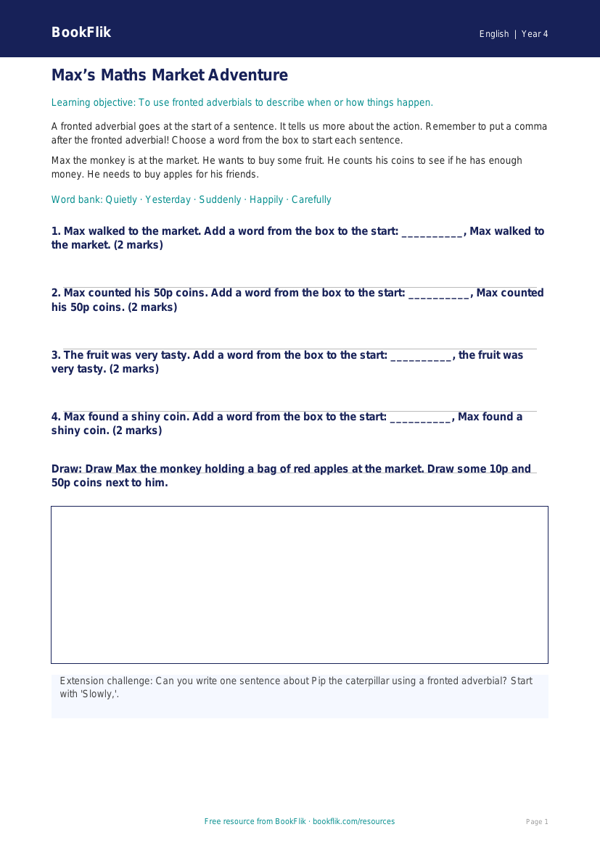 Free Fronted Adverbials Track Sheet | Year 4 Supported | BookFlik worksheet preview — English Fronted Adverbials