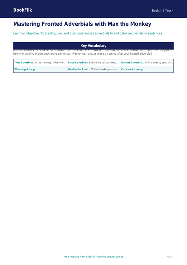 Free Fronted Adverbials Word Mat | Year 4 Greater Depth | BookFlik worksheet preview — English Fronted Adverbials