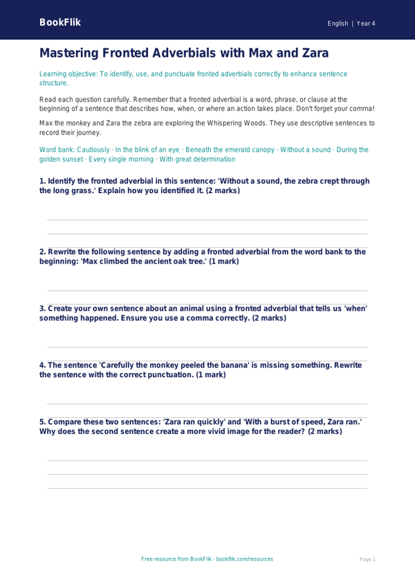 Free Fronted Adverbials Worksheet | Year 4 Greater Depth | BookFlik worksheet preview — English Fronted Adverbials