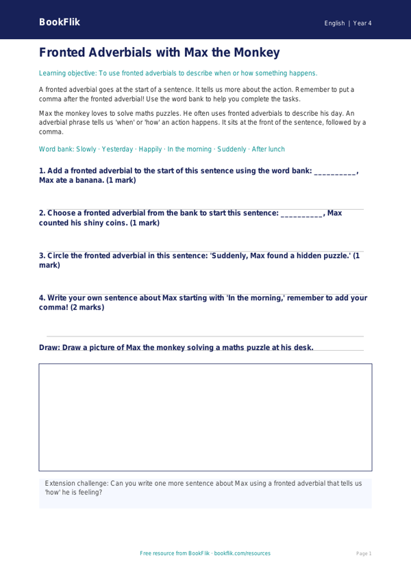 Free Fronted Adverbials Worksheet | Year 4 Supported | BookFlik worksheet preview — English Fronted Adverbials