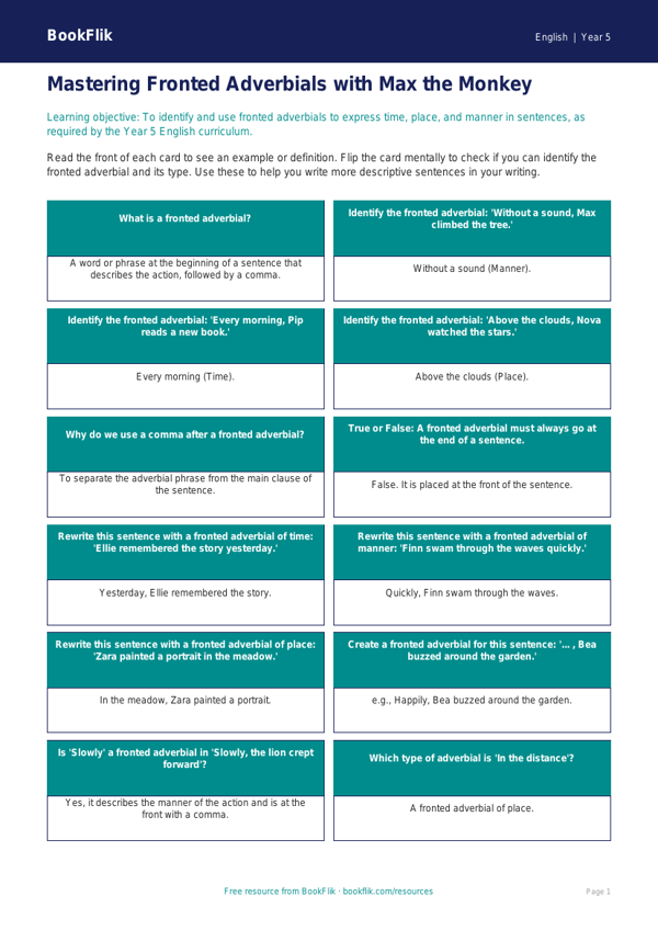 Free Fronted Adverbials Flashcards | Year 5 Core | BookFlik worksheet preview — English Fronted Adverbials