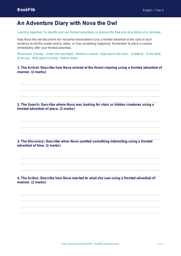 Free Fronted Adverbials Template | Year 5 Core | BookFlik worksheet preview — English Fronted Adverbials