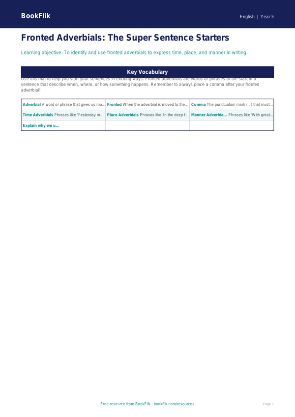 Free Fronted Adverbials Word Mat | Year 5 Core | BookFlik worksheet preview — English Fronted Adverbials