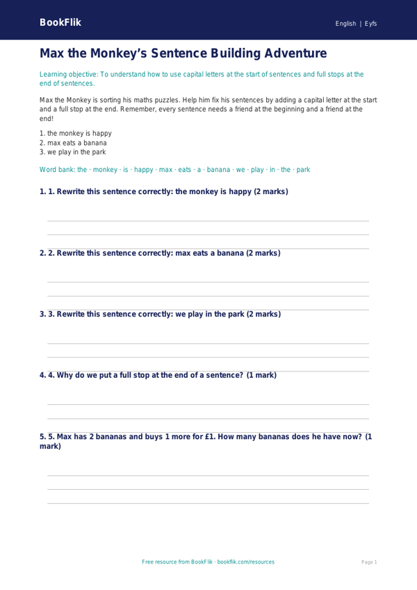 Free Grammar Worksheet | EYFS Core | BookFlik worksheet preview — English Grammar