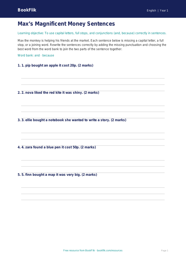 Free Grammar Activity Sheet | Year 1 Core | BookFlik worksheet preview — English Grammar