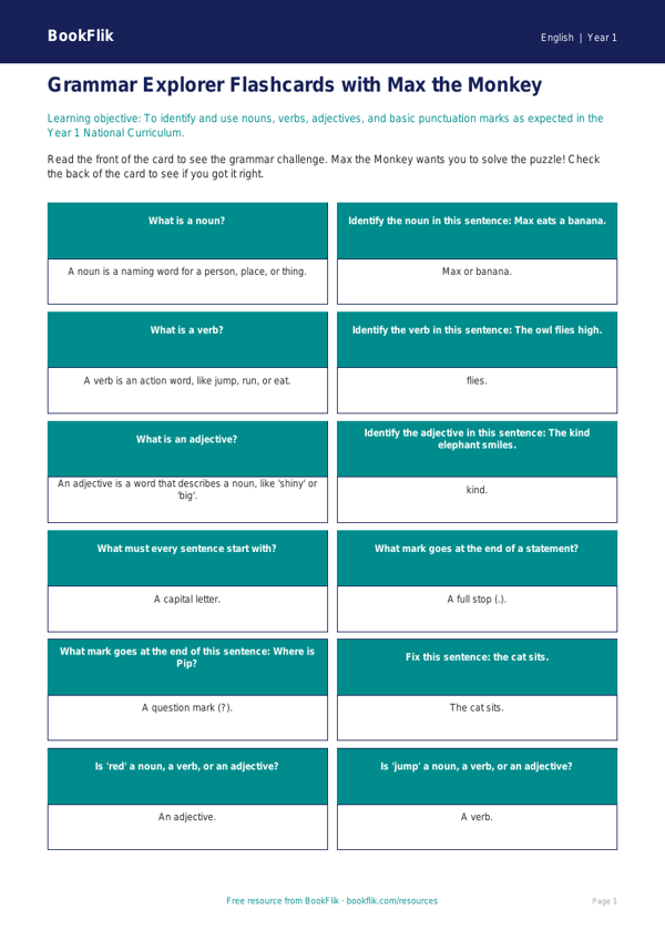 Free Grammar Flashcards | Year 1 Core | BookFlik worksheet preview — English Grammar