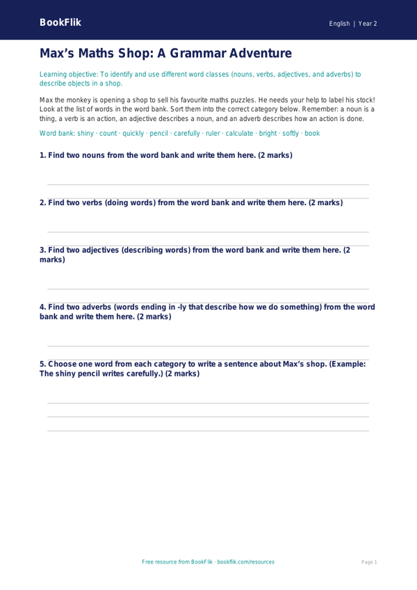 Free Grammar Activity Sheet | Year 2 Core | BookFlik worksheet preview — English Grammar