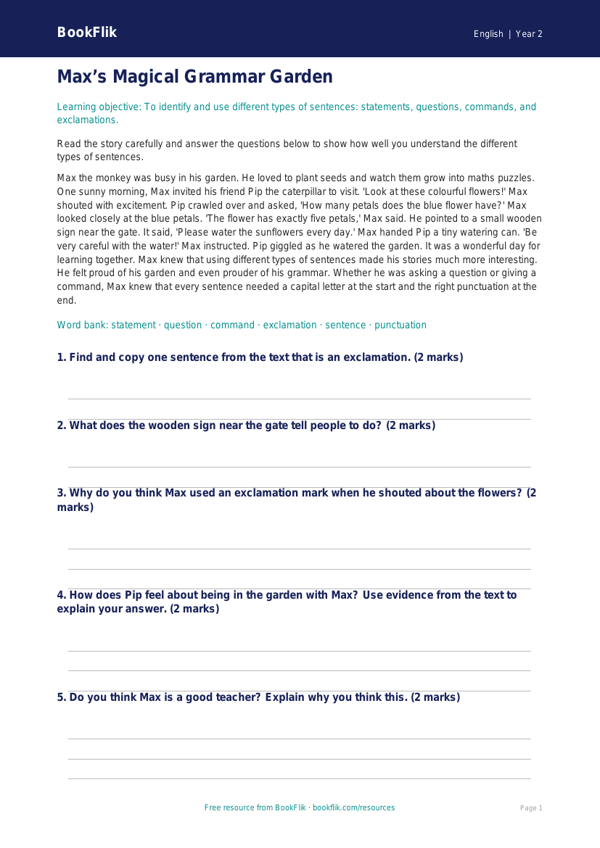 Free Grammar Comprehension Worksheet | Year 2 Core | BookFlik worksheet preview — English Grammar
