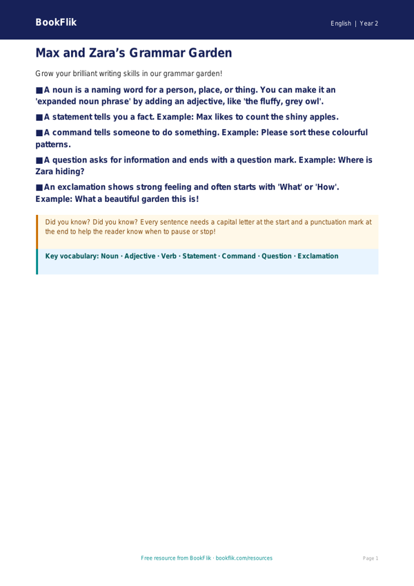 Free Grammar Poster | Year 2 Core | BookFlik worksheet preview — English Grammar