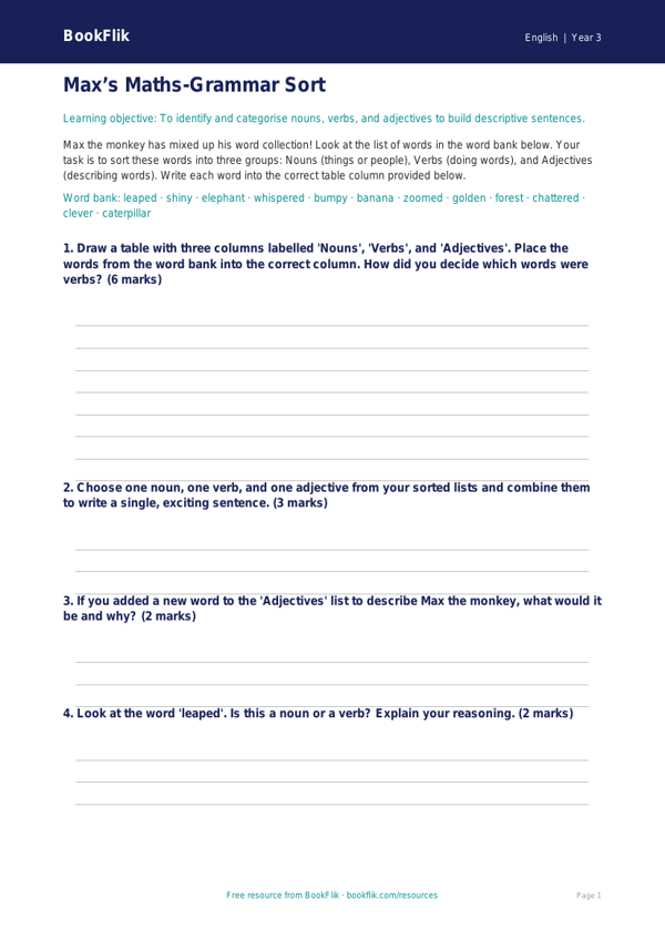 Free Grammar Activity Sheet | Year 3 Core | BookFlik worksheet preview — English Grammar