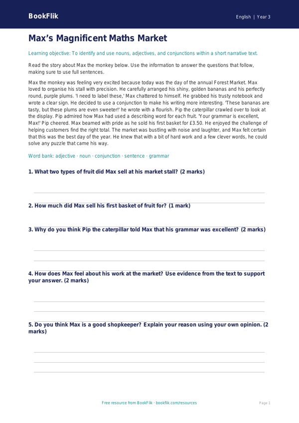 Free Grammar Comprehension | Year 3 Core | BookFlik worksheet preview — English Grammar