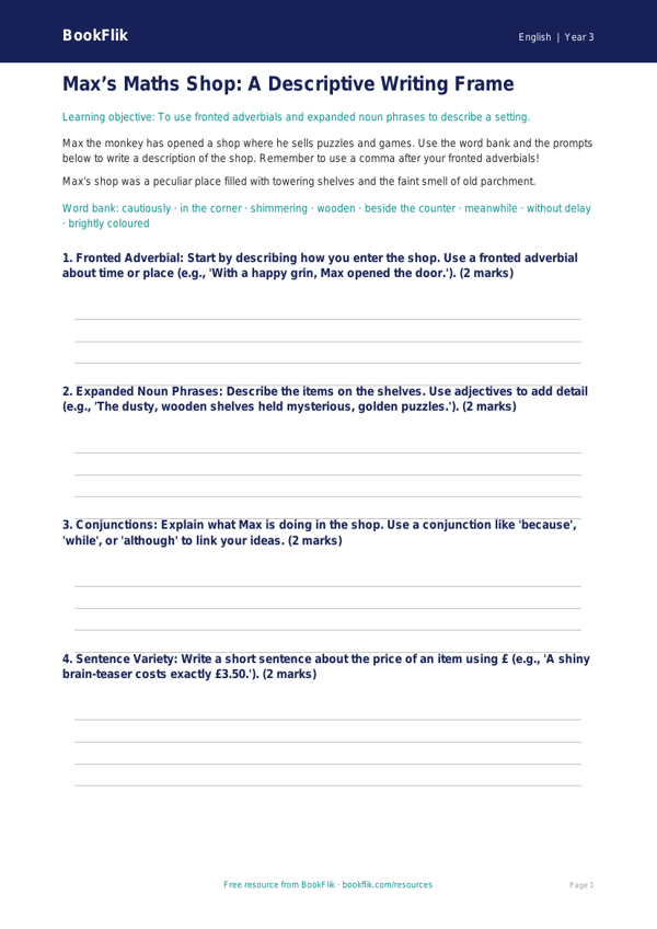 Free Grammar Writing Frame | Year 3 Core | BookFlik worksheet preview — English Grammar
