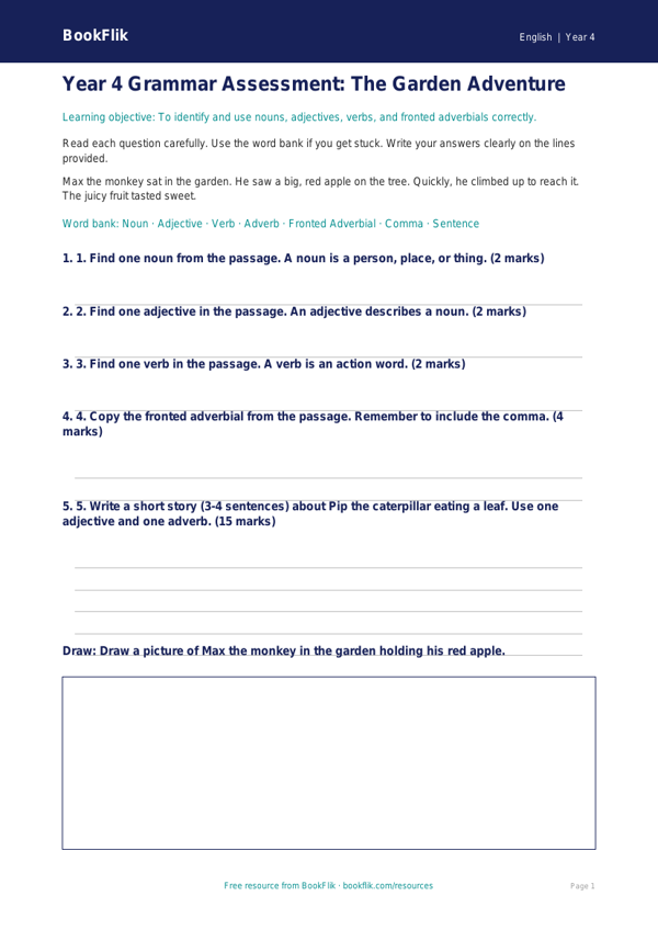 Free Grammar Assessment | Year 4 Supported | BookFlik worksheet preview — English Grammar