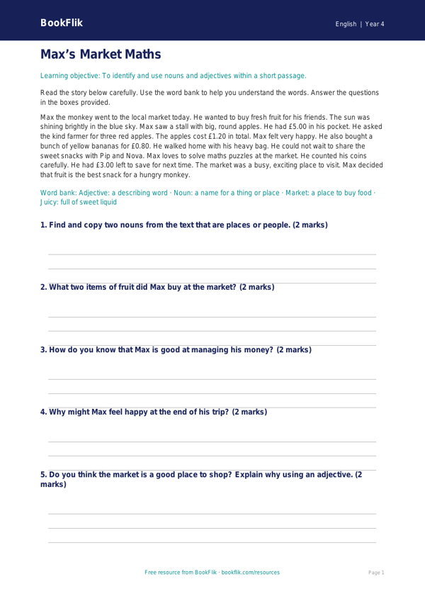 Free Grammar Comprehension | Year 4 Supported | BookFlik worksheet preview — English Grammar