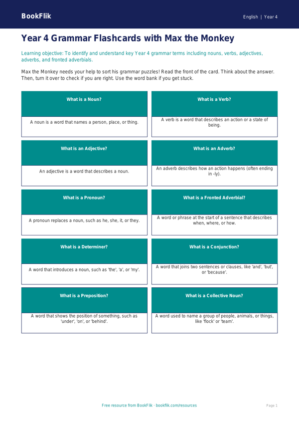 Free Grammar Flashcards | Year 4 Supported | BookFlik worksheet preview — English Grammar