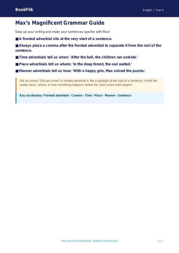 Free Grammar Poster | Year 4 Supported | BookFlik worksheet preview — English Grammar