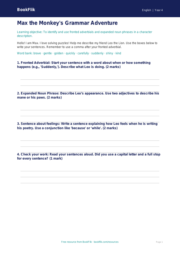 Free Grammar Template | Year 4 Supported | BookFlik worksheet preview — English Grammar
