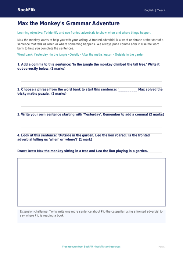 Free Grammar Worksheet | Year 4 Supported | BookFlik worksheet preview — English Grammar