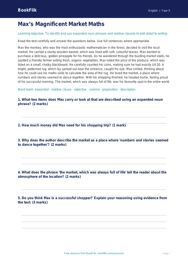 Free Grammar Comprehension | Year 5 Core | BookFlik worksheet preview — English Grammar