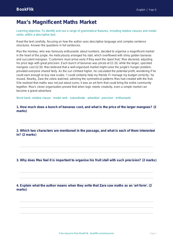 Free Grammar Comprehension | Year 5 Greater Depth | BookFlik worksheet preview — English Grammar