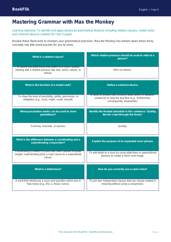 Free Grammar Flashcards | Year 5 Greater Depth | BookFlik worksheet preview — English Grammar
