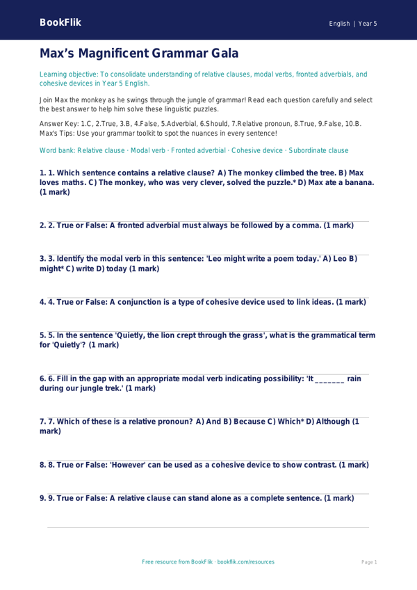 Free Grammar Quiz | Year 5 Greater Depth | BookFlik worksheet preview — English Grammar