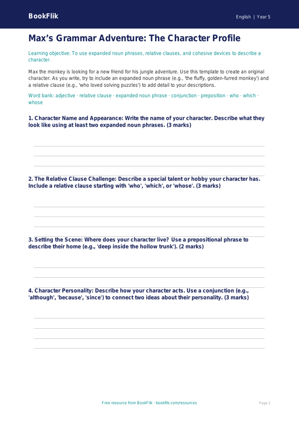 Free Grammar Template | Year 5 Core | BookFlik worksheet preview — English Grammar