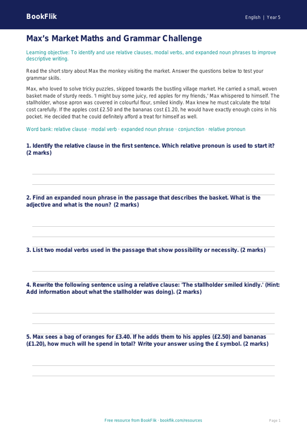 Free Grammar Track Sheet | Year 5 Core | BookFlik worksheet preview — English Grammar