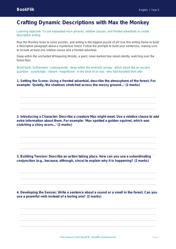 Free Grammar Writing Frame | Year 5 Core | BookFlik worksheet preview — English Grammar
