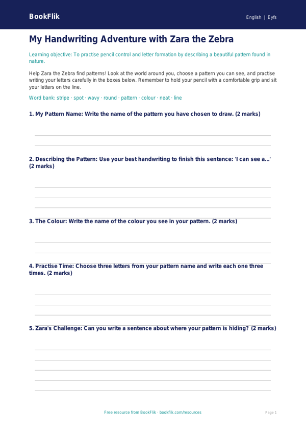 Free Handwriting Template | EYFS Core | BookFlik worksheet preview — English Handwriting