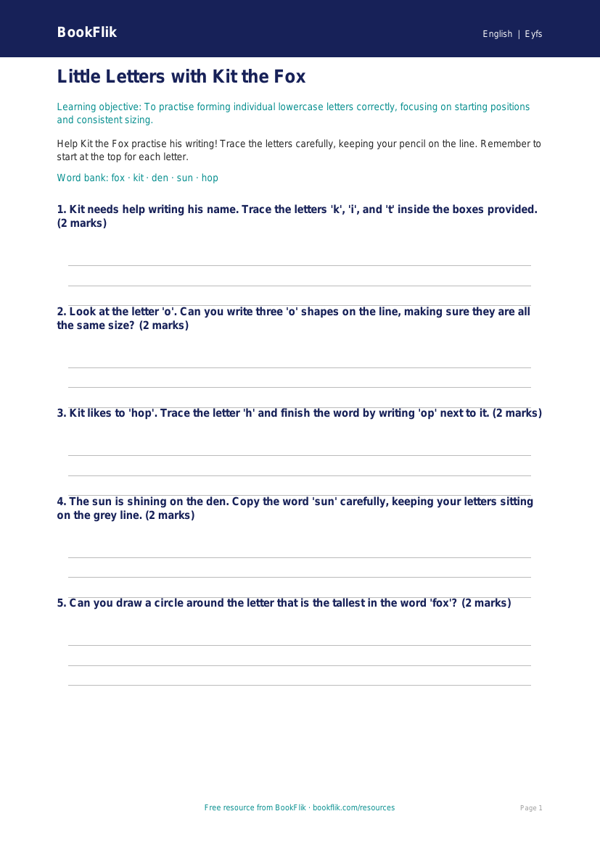 Free Handwriting Worksheet | EYFS Core Skills | BookFlik worksheet preview — English Handwriting