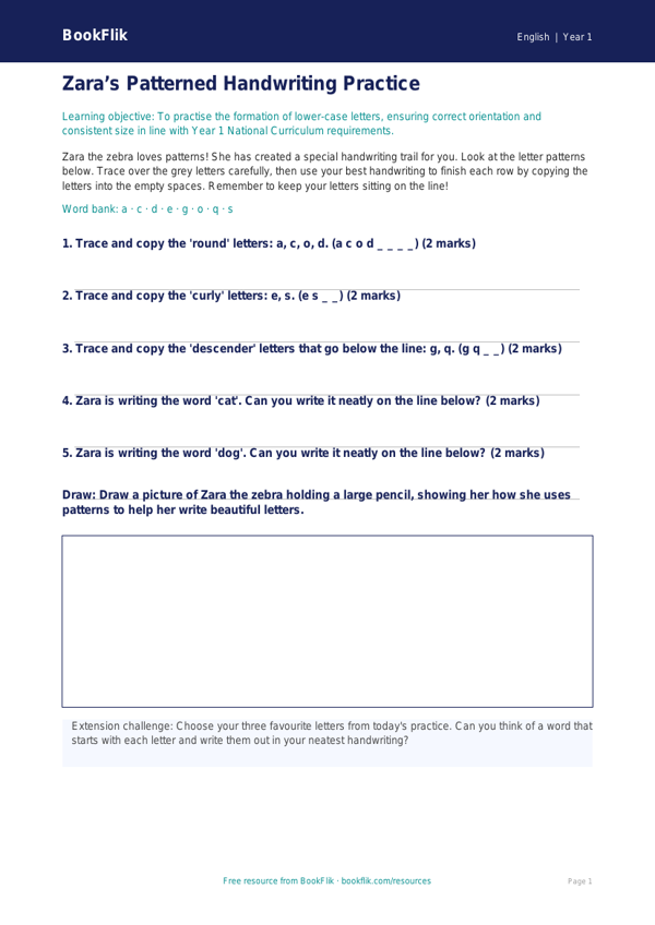 Free Handwriting Activity Sheet | Year 1 Core | BookFlik worksheet preview — English Handwriting