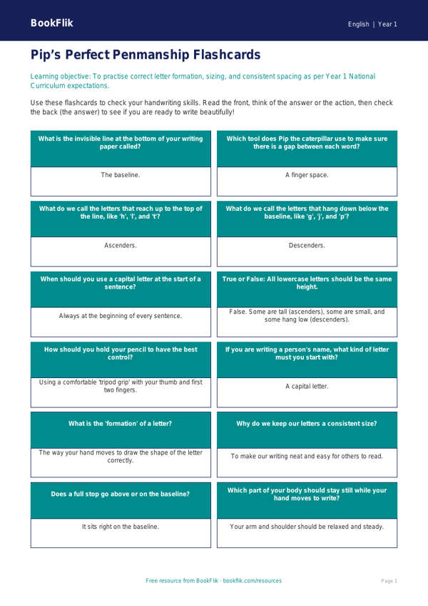 Free Handwriting Flashcards | Year 1 Core | BookFlik worksheet preview — English Handwriting