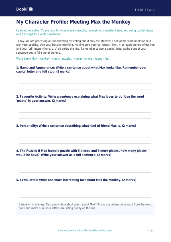 Free Handwriting Template | Year 1 Core | BookFlik worksheet preview — English Handwriting