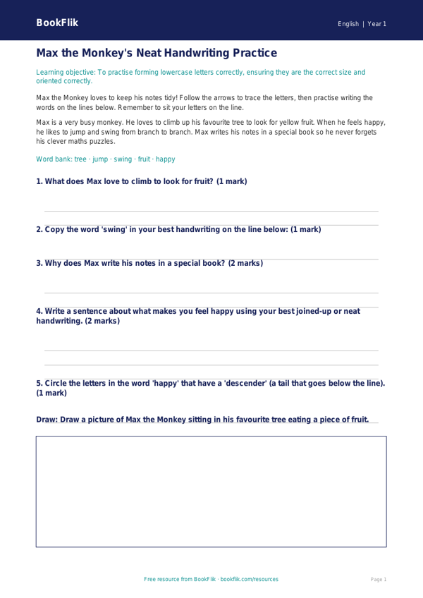 Free Handwriting Practice Worksheet | Year 1 Core | BookFlik worksheet preview — English Handwriting