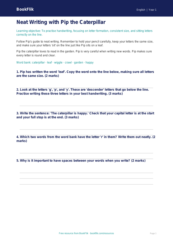 Free Handwriting Worksheet | Year 1 Core | BookFlik worksheet preview — English Handwriting